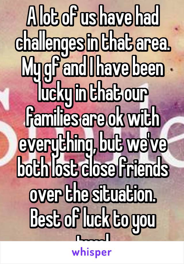 A lot of us have had challenges in that area.
My gf and I have been lucky in that our families are ok with everything, but we've both lost close friends over the situation.
Best of luck to you two!