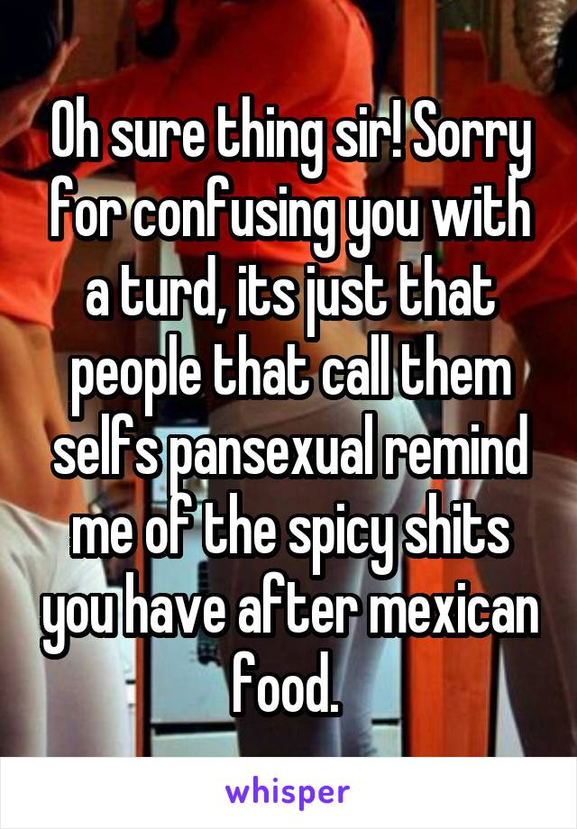 Oh sure thing sir! Sorry for confusing you with a turd, its just that people that call them selfs pansexual remind me of the spicy shits you have after mexican food. 