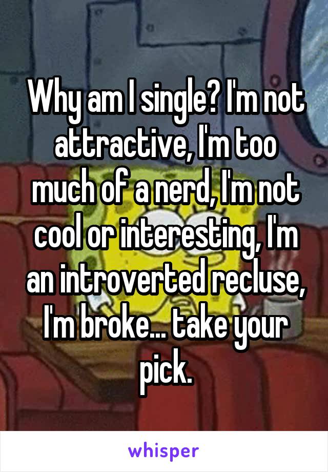 Why am I single? I'm not attractive, I'm too much of a nerd, I'm not cool or interesting, I'm an introverted recluse, I'm broke... take your pick.