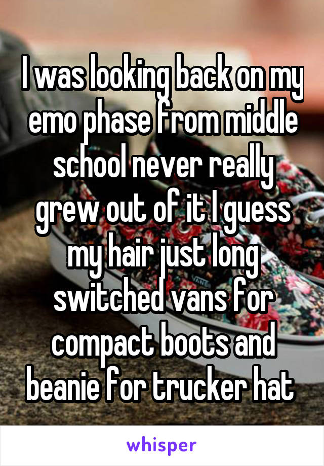 I was looking back on my emo phase from middle school never really grew out of it I guess my hair just long switched vans for compact boots and beanie for trucker hat 