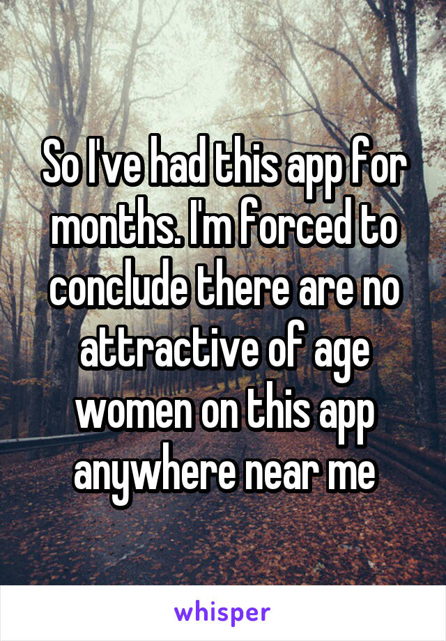 So I've had this app for months. I'm forced to conclude there are no attractive of age women on this app anywhere near me