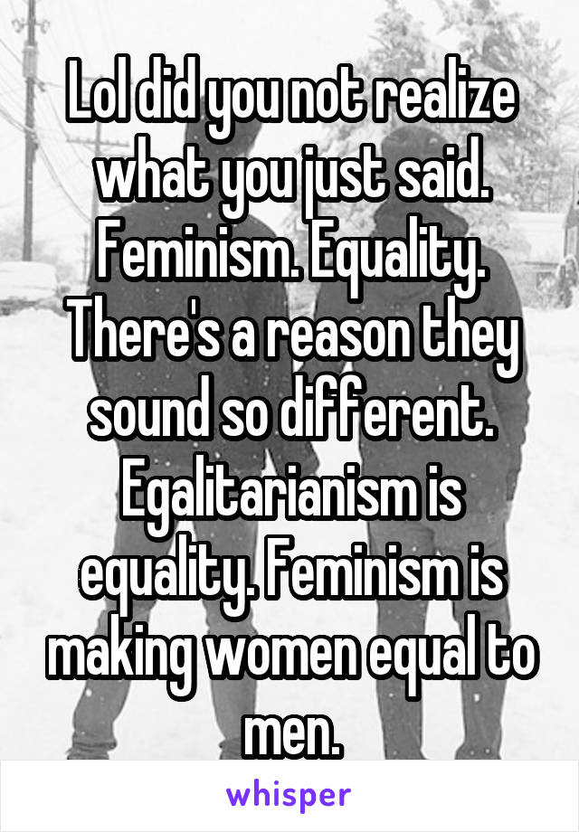 Lol did you not realize what you just said. Feminism. Equality. There's a reason they sound so different. Egalitarianism is equality. Feminism is making women equal to men.