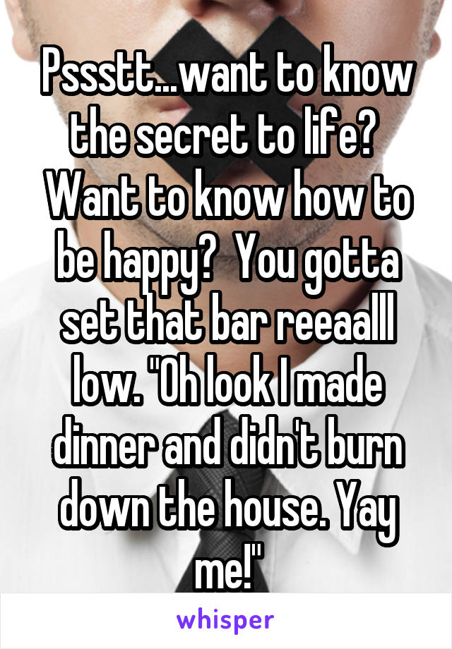 Pssstt...want to know the secret to life?  Want to know how to be happy?  You gotta set that bar reeaalll low. "Oh look I made dinner and didn't burn down the house. Yay me!"