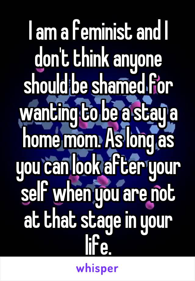 I am a feminist and I don't think anyone should be shamed for wanting to be a stay a home mom. As long as you can look after your self when you are not at that stage in your life.