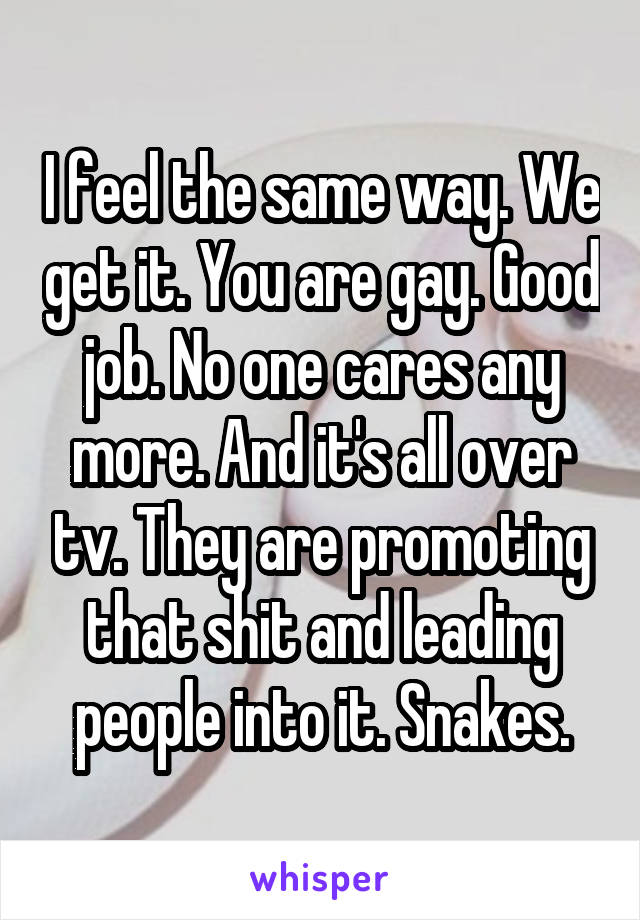 I feel the same way. We get it. You are gay. Good job. No one cares any more. And it's all over tv. They are promoting that shit and leading people into it. Snakes.
