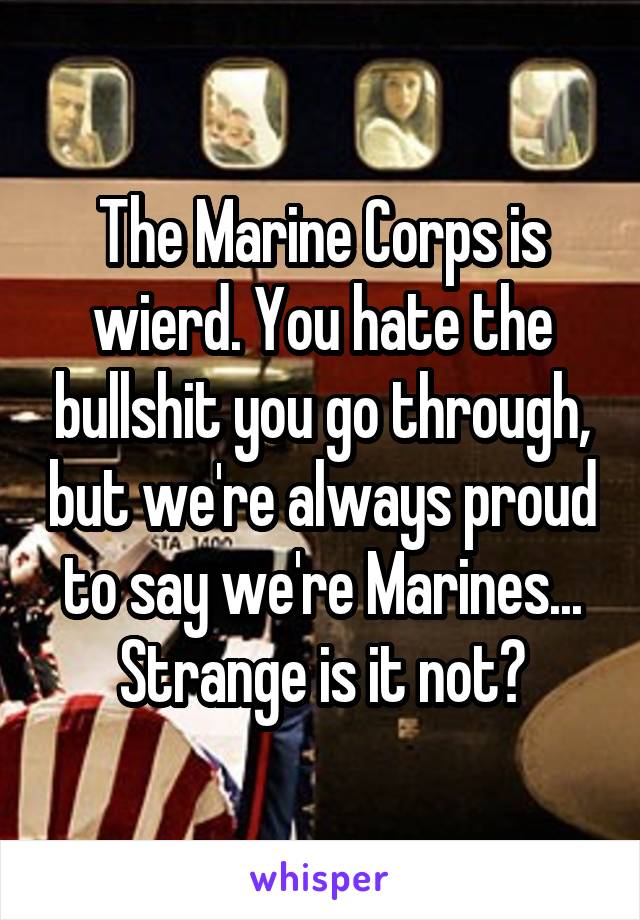 The Marine Corps is wierd. You hate the bullshit you go through, but we're always proud to say we're Marines... Strange is it not?
