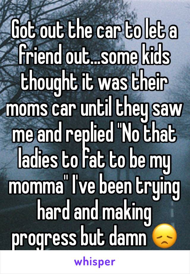 Got out the car to let a friend out...some kids thought it was their moms car until they saw me and replied "No that ladies to fat to be my momma" I've been trying hard and making progress but damn 😞