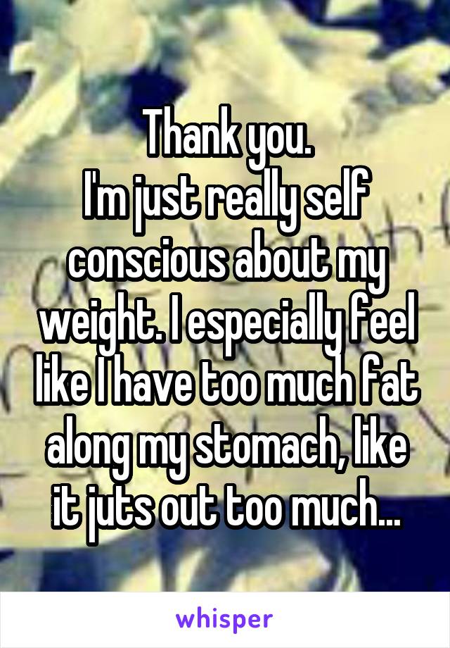 Thank you.
I'm just really self conscious about my weight. I especially feel like I have too much fat along my stomach, like it juts out too much...
