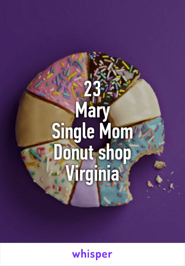23
Mary
Single Mom
Donut shop
Virginia