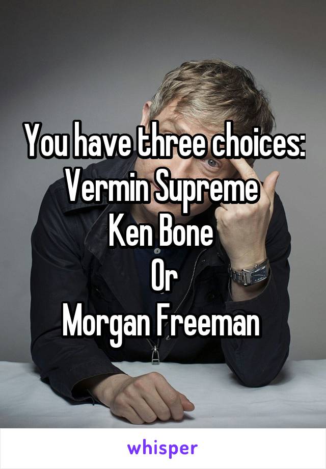 You have three choices:
Vermin Supreme 
Ken Bone 
Or
Morgan Freeman 