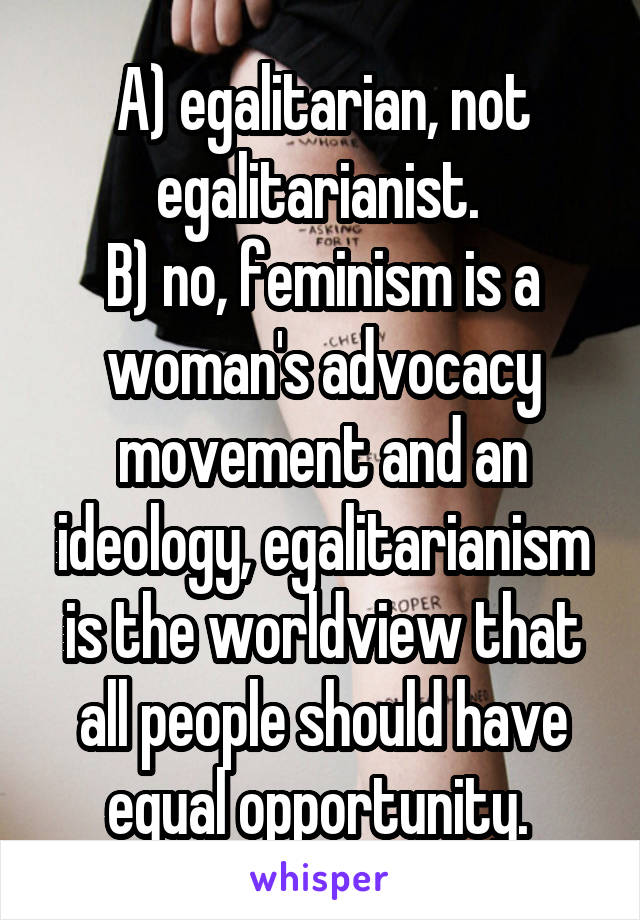A) egalitarian, not egalitarianist. 
B) no, feminism is a woman's advocacy movement and an ideology, egalitarianism is the worldview that all people should have equal opportunity. 