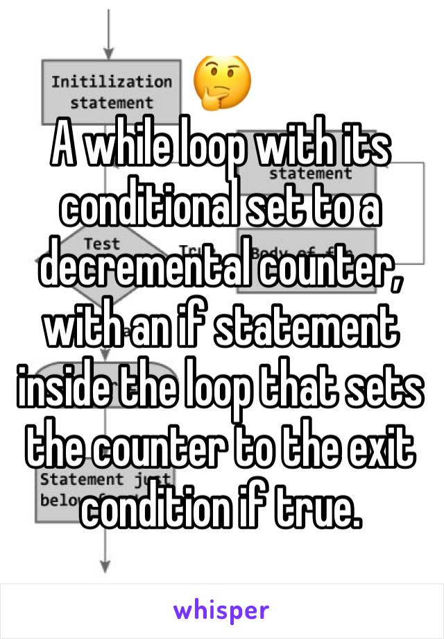🤔
A while loop with its conditional set to a decremental counter, with an if statement inside the loop that sets the counter to the exit condition if true.