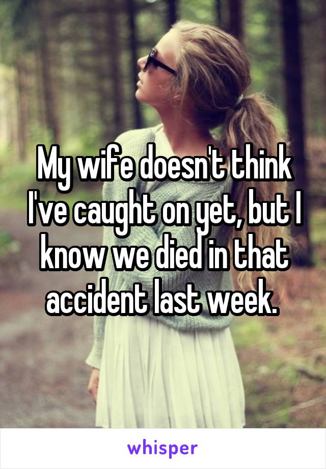 My wife doesn't think I've caught on yet, but I know we died in that accident last week. 