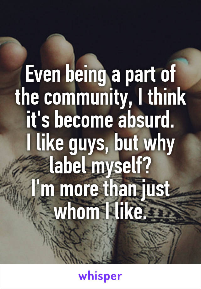 Even being a part of the community, I think it's become absurd.
I like guys, but why label myself?
I'm more than just whom I like.