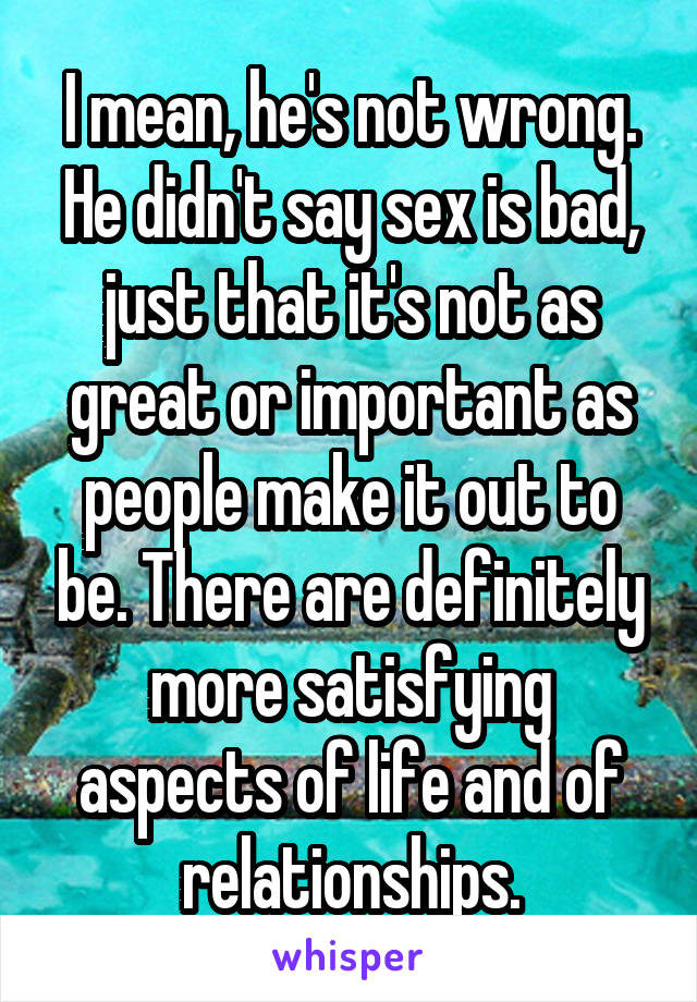 I mean, he's not wrong. He didn't say sex is bad, just that it's not as great or important as people make it out to be. There are definitely more satisfying aspects of life and of relationships.