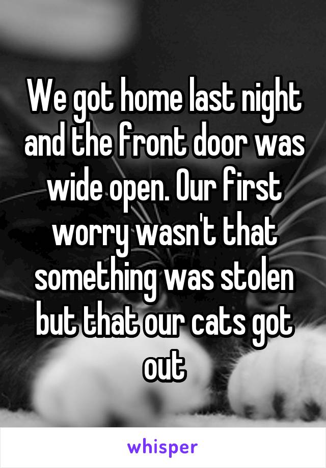 We got home last night and the front door was wide open. Our first worry wasn't that something was stolen but that our cats got out