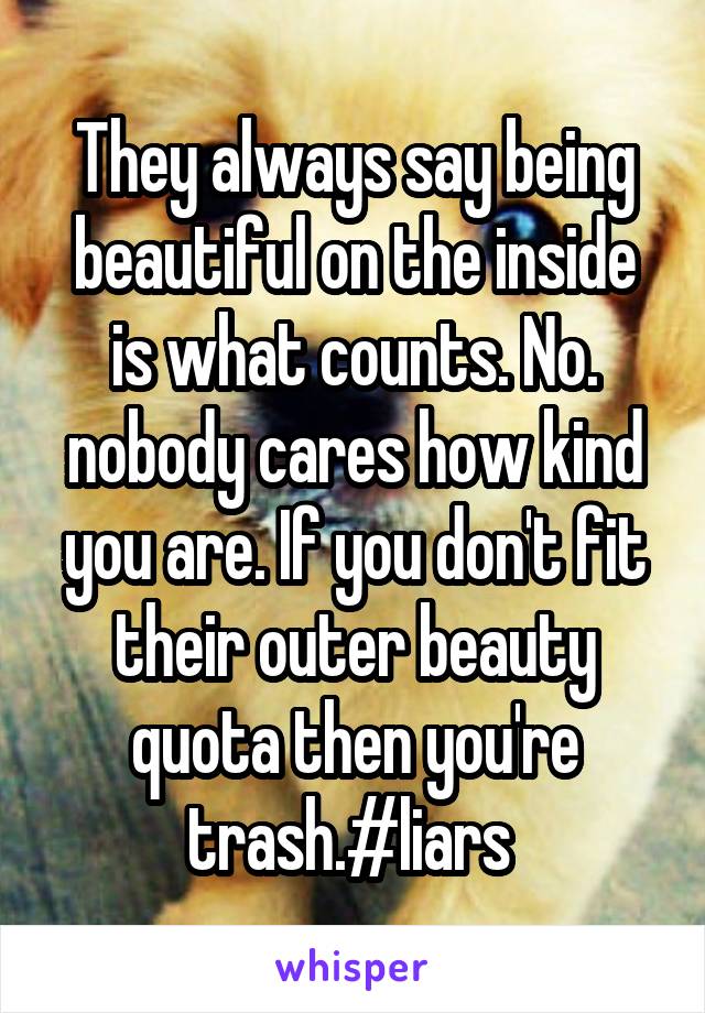 They always say being beautiful on the inside is what counts. No. nobody cares how kind you are. If you don't fit their outer beauty quota then you're trash.#liars 