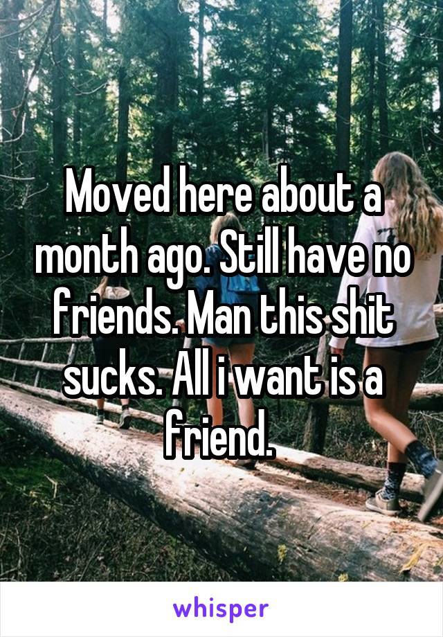 Moved here about a month ago. Still have no friends. Man this shit sucks. All i want is a friend. 