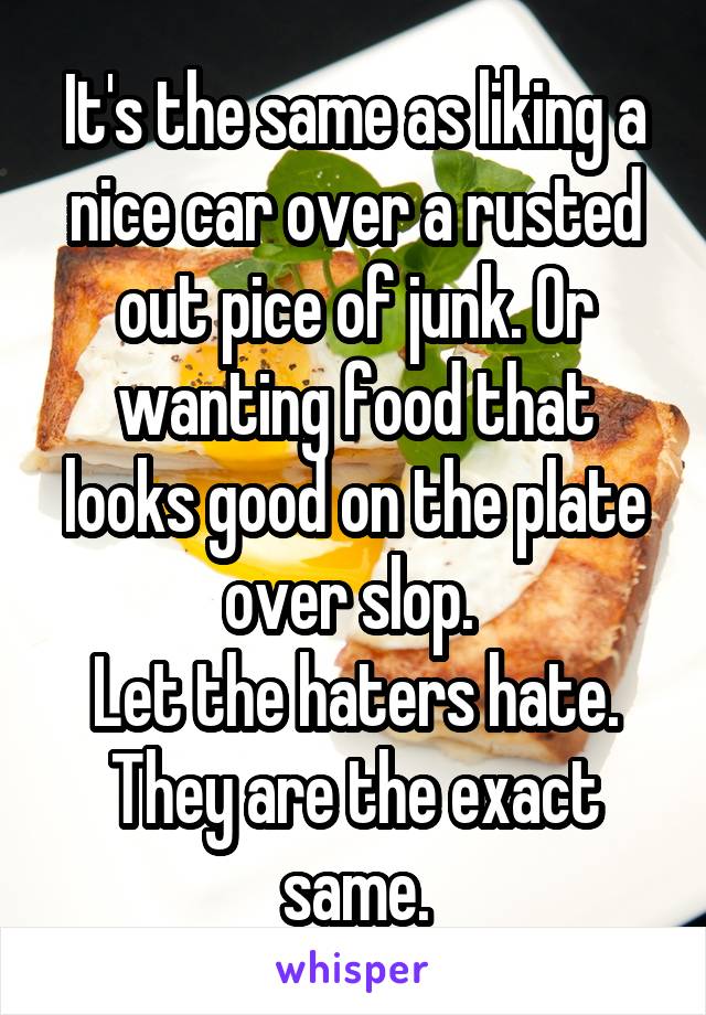 It's the same as liking a nice car over a rusted out pice of junk. Or wanting food that looks good on the plate over slop. 
Let the haters hate. They are the exact same.