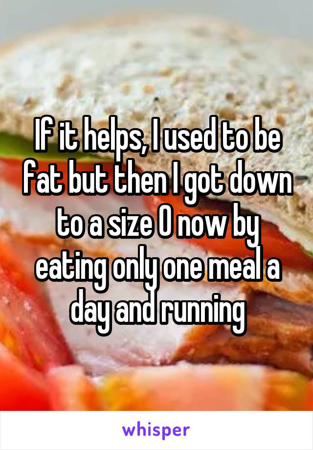 If it helps, I used to be fat but then I got down to a size 0 now by eating only one meal a day and running