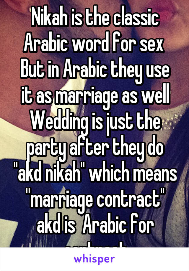 Nikah is the classic Arabic word for sex 
But in Arabic they use it as marriage as well
Wedding is just the party after they do "akd nikah" which means "marriage contract" akd is  Arabic for contract