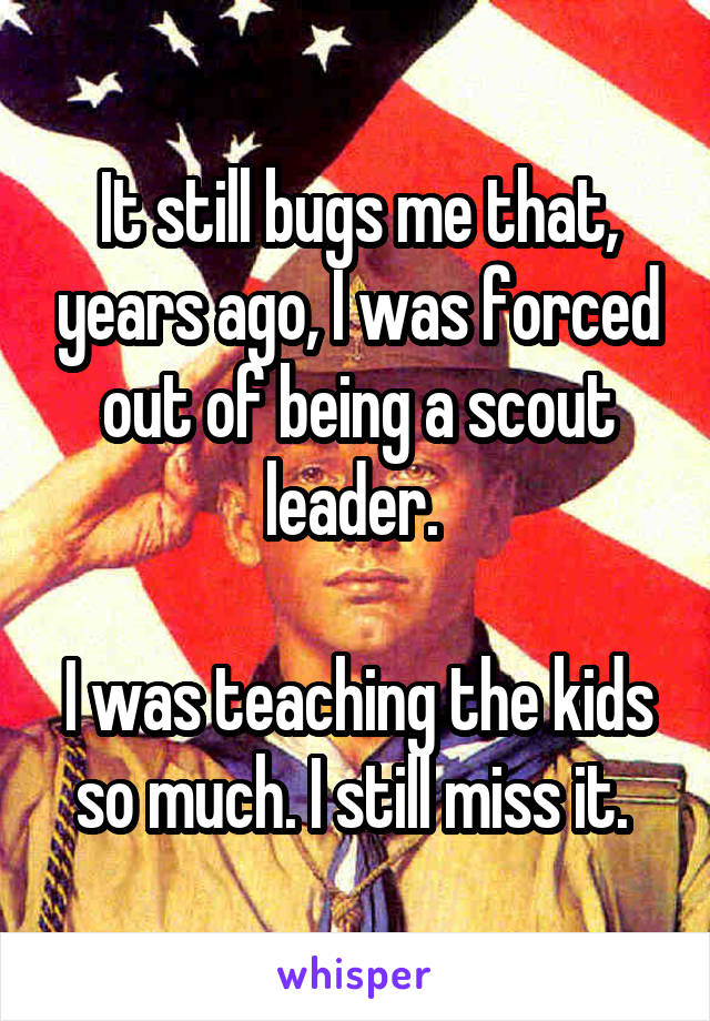 It still bugs me that, years ago, I was forced out of being a scout leader. 

I was teaching the kids so much. I still miss it. 