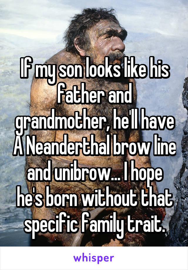 
If my son looks like his father and grandmother, he'll have A Neanderthal brow line and unibrow... I hope he's born without that specific family trait.