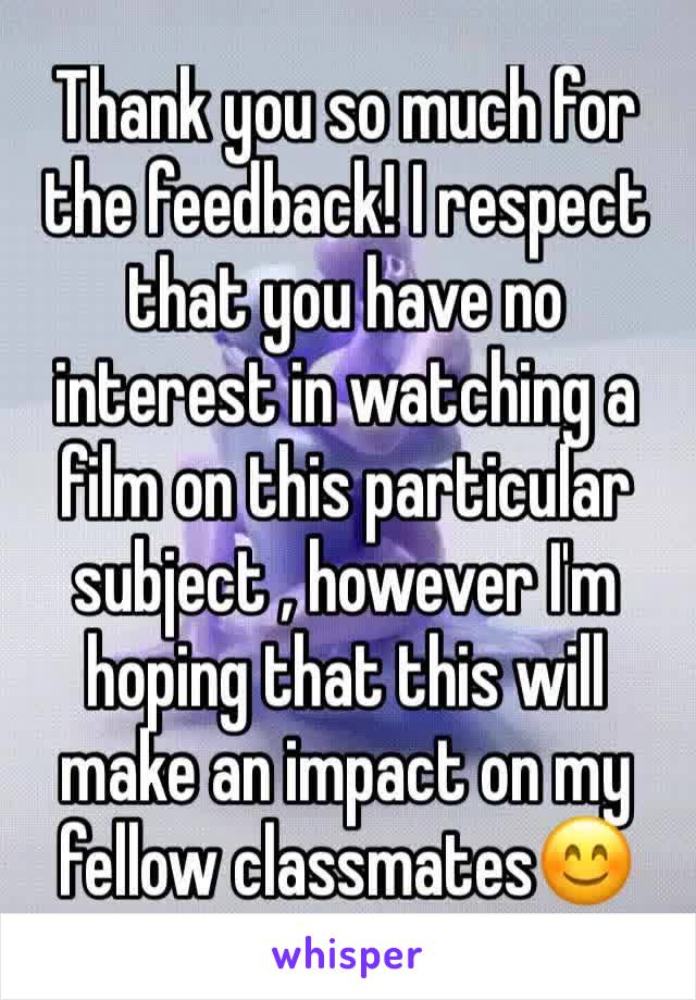 Thank you so much for the feedback! I respect that you have no interest in watching a film on this particular subject , however I'm hoping that this will make an impact on my fellow classmates😊