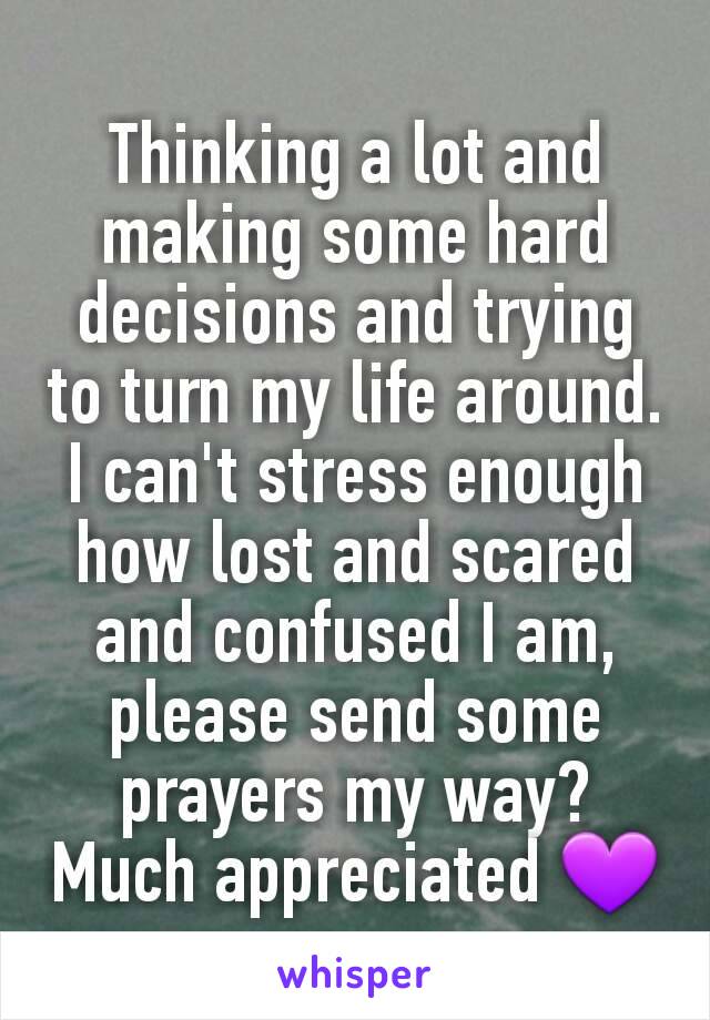 Thinking a lot and making some hard decisions and trying to turn my life around. I can't stress enough how lost and scared and confused I am, please send some prayers my way?
Much appreciated 💜
