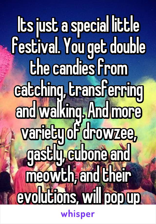 Its just a special little festival. You get double the candies from catching, transferring and walking. And more variety of drowzee, gastly, cubone and meowth, and their evolutions, will pop up