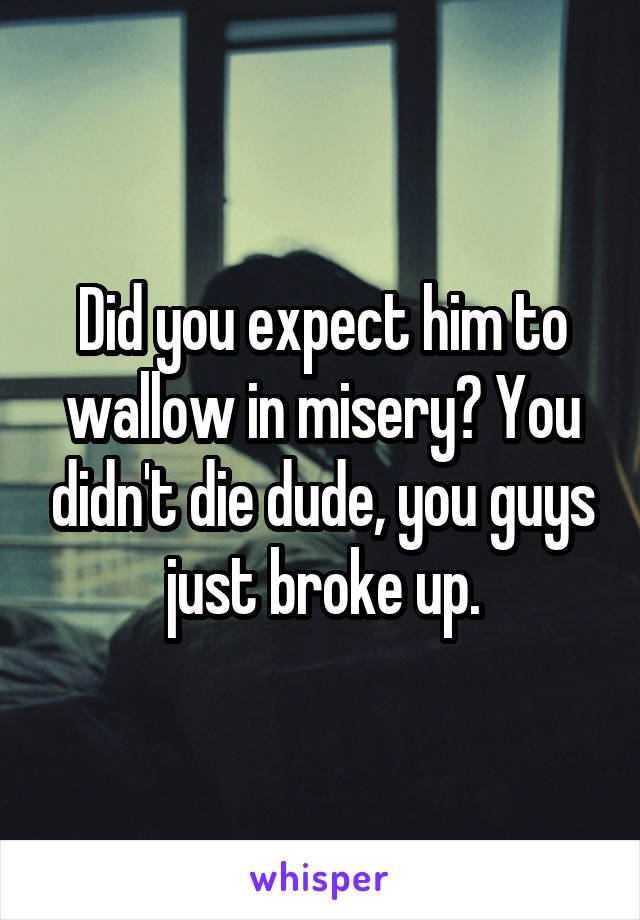Did you expect him to wallow in misery? You didn't die dude, you guys just broke up.