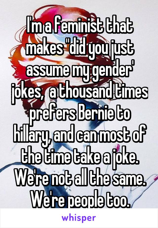 I'm a feminist that makes "did you just assume my gender' jokes,  a thousand times prefers Bernie to hillary, and can most of the time take a joke. We're not all the same. We're people too.