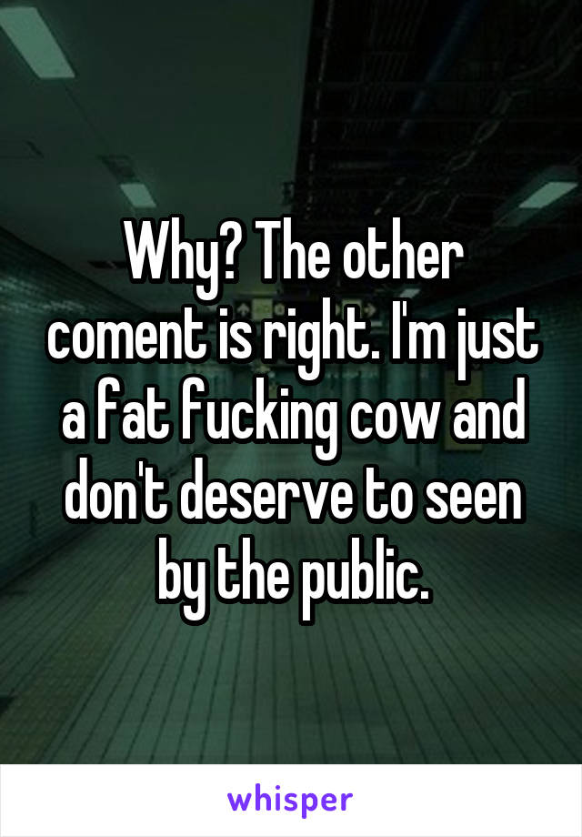 Why? The other coment is right. I'm just a fat fucking cow and don't deserve to seen by the public.