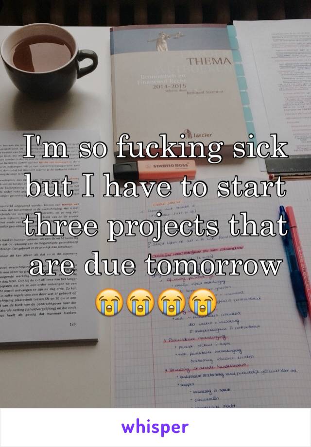 I'm so fucking sick but I have to start three projects that are due tomorrow 😭😭😭😭