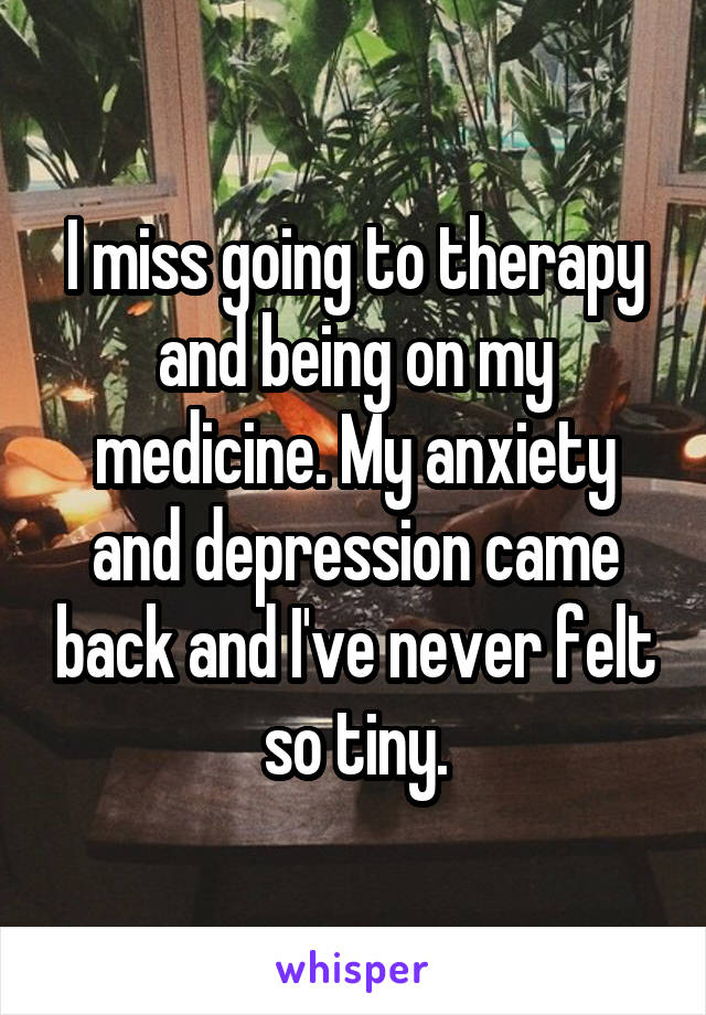 I miss going to therapy and being on my medicine. My anxiety and depression came back and I've never felt so tiny.