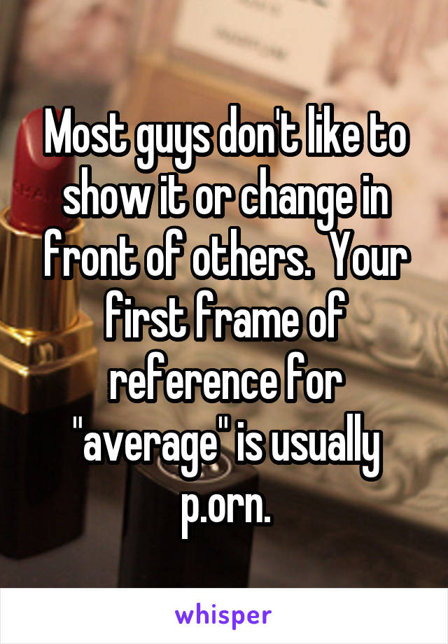 Most guys don't like to show it or change in front of others.  Your first frame of reference for "average" is usually p.orn.