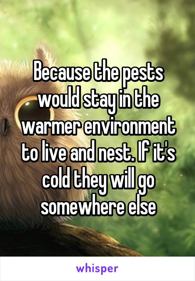 Because the pests would stay in the warmer environment to live and nest. If it's cold they will go somewhere else