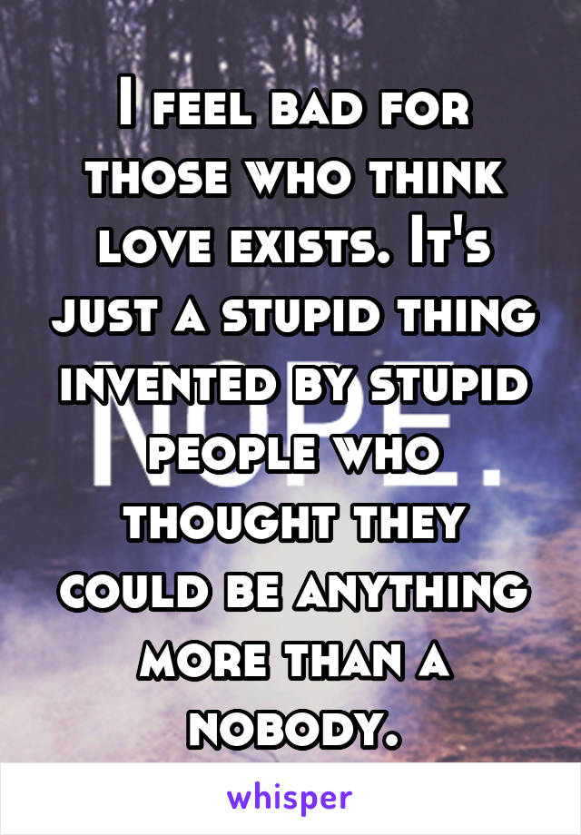 I feel bad for those who think love exists. It's just a stupid thing invented by stupid people who thought they could be anything more than a nobody.