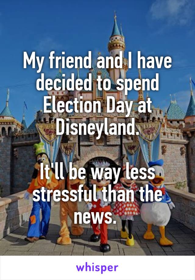 My friend and I have decided to spend Election Day at Disneyland.

It'll be way less stressful than the news. 