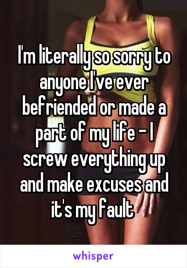 I'm literally so sorry to anyone I've ever befriended or made a part of my life - I screw everything up and make excuses and it's my fault 