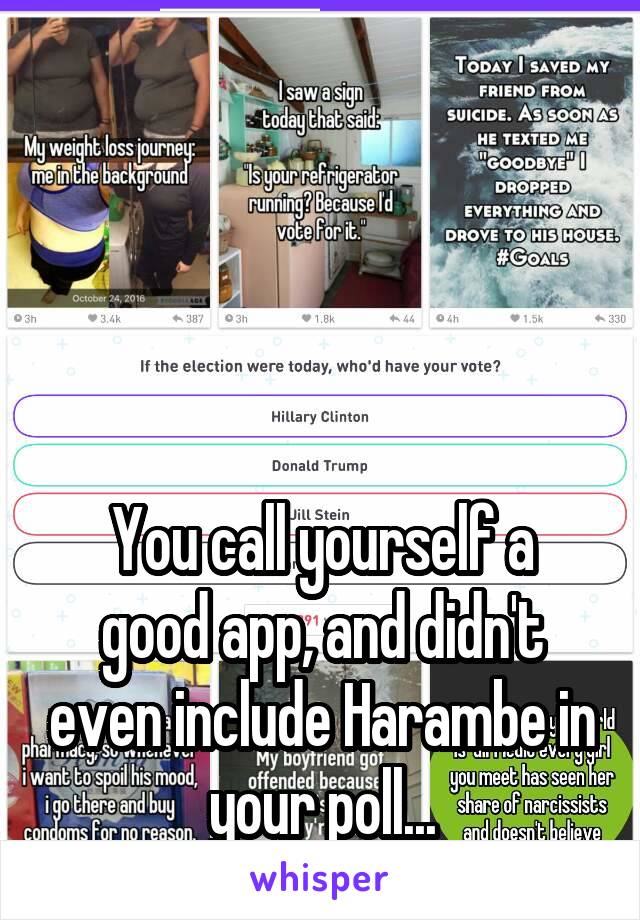 




You call yourself a good app, and didn't even include Harambe in your poll...