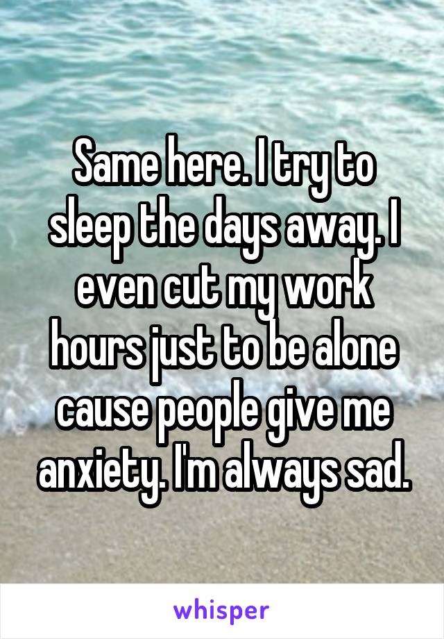 Same here. I try to sleep the days away. I even cut my work hours just to be alone cause people give me anxiety. I'm always sad.