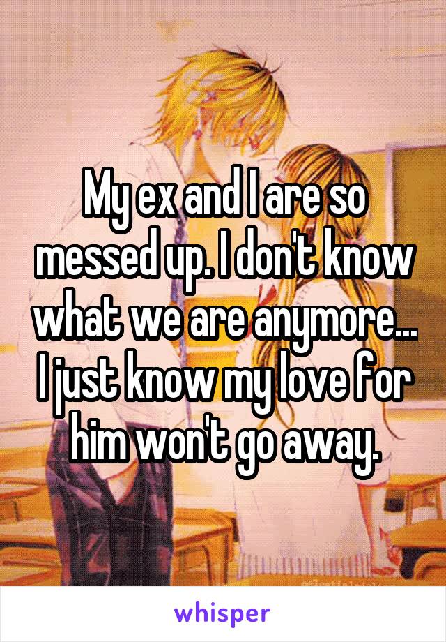 My ex and I are so messed up. I don't know what we are anymore... I just know my love for him won't go away.