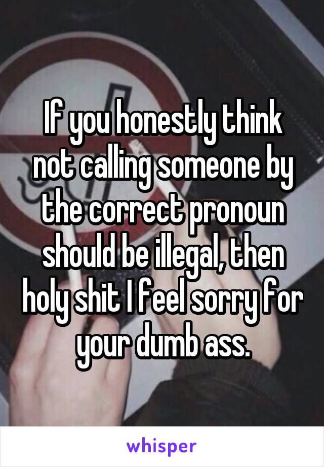 If you honestly think not calling someone by the correct pronoun should be illegal, then holy shit I feel sorry for your dumb ass.