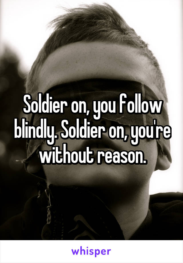 Soldier on, you follow blindly. Soldier on, you're without reason.