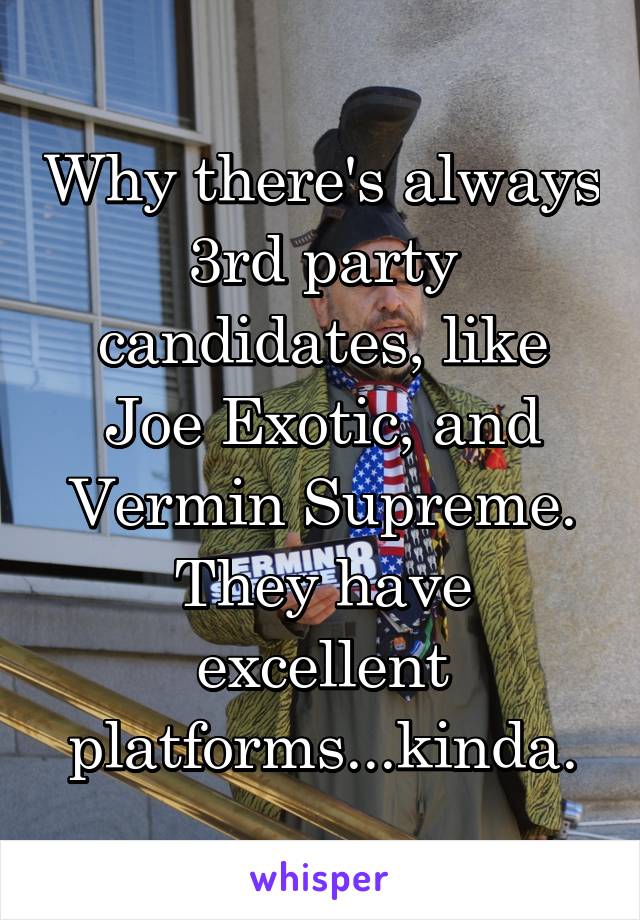 Why there's always 3rd party candidates, like Joe Exotic, and Vermin Supreme. They have excellent platforms...kinda.