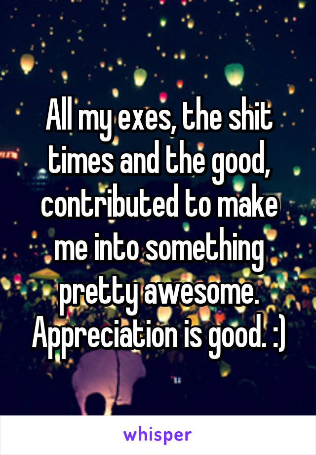 All my exes, the shit times and the good, contributed to make me into something pretty awesome. Appreciation is good. :)