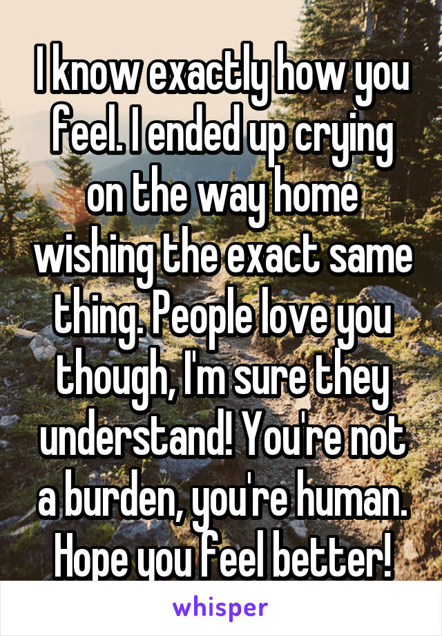 I know exactly how you feel. I ended up crying on the way home wishing the exact same thing. People love you though, I'm sure they understand! You're not a burden, you're human. Hope you feel better!