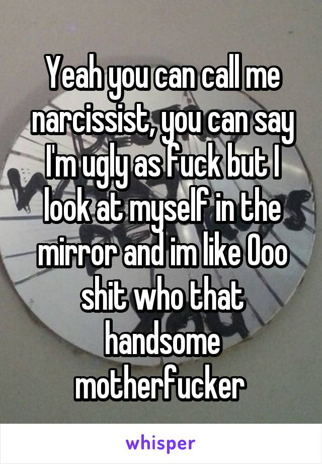 Yeah you can call me narcissist, you can say I'm ugly as fuck but I look at myself in the mirror and im like Ooo shit who that handsome motherfucker 