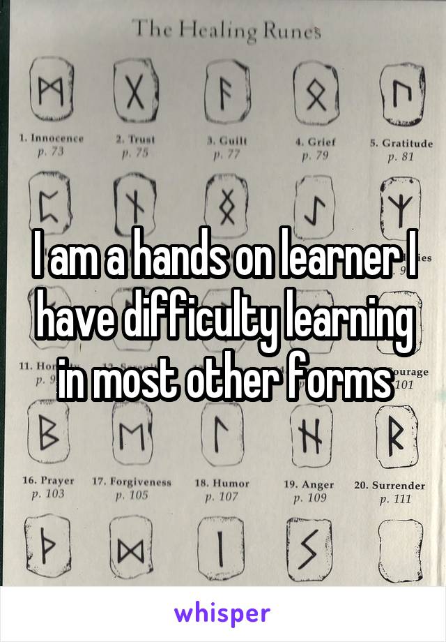 I am a hands on learner I have difficulty learning in most other forms